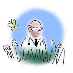 Doctor is looking for something in the grass