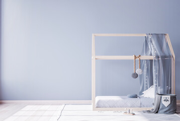 Cozy blue bedroom design, wooden minimal bed in kids bedroom, copy space, 3d render