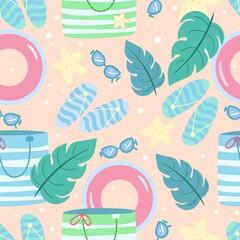 Vector seamless pattern with summer beach accessories. Tropical vacation by the sea. Vector illustration in flat style. Design for textile, print, wrapping.