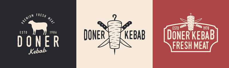 Doner Kebab hipster logo set. Logo for Kebab, restaurant with kebab and knives. Typography restaurant. Vector logo, sticker, poster template for meat store, restaurant, kebab cafe.