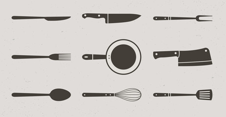 9 Restaurant and Kitchen elements icons. Butcher knives, grill fork and spatula, spoon, fork and knife, meat knife, cleaver, chef, bbq fork, frying pan, whisk. Vector Illustration