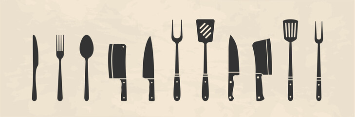 Set of kitchen and cooking tools. Restaurant, BBQ, Meat knives icons. Vintage design elements for logo, poster, emblem. Vector illustration