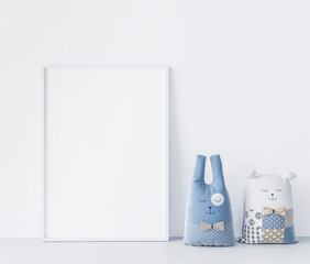 Mock up frame in white baby room, close up for bright white interior with white frame and stuffed animals