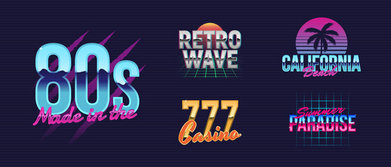 Vector set of signs and logos in Retrowave style. 80s logo design. Print for t-shirt, banner, poster, cover, badge and label. Retro 80's typography design.