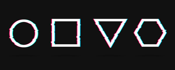 Vector geometric shapes frames with dynamic glitch effect. Easy to animate. Trendy  glitch elements. Circle, square, triangle and hexagon.