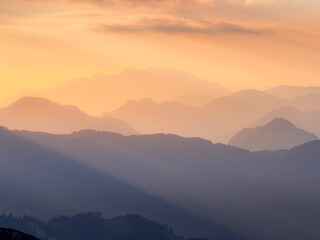 Fototapeta na wymiar Morning view from the Kosuta ridge in Karavanke range alps before the sunrise, Slovenia