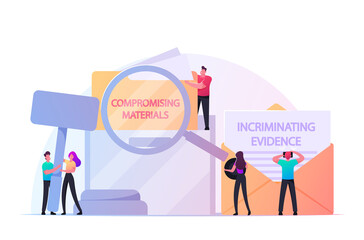 Compromising Material Concept. Tiny Male and Female Characters with Magnifying Glass and Wooden Gavel at Huge Envelope with Incriminating Evidence Information. Cartoon People Vector Illustration