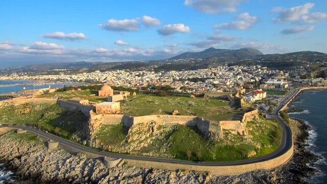 Fortezza Fortress castle at Crete island drone footage 