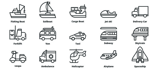 Transportation icons vector illustration , Fishing Boat, Forklift, Train,  Van, Spaceship