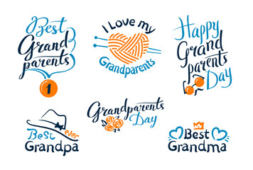 Set Happy Grandparents Day Emblems, Labels, Icons and Signs with Lettering for Greeting Card, Banner, T-shirt or Logo Design. Best Grandpa, Grandma for Social Media or Print. Vector Illustration