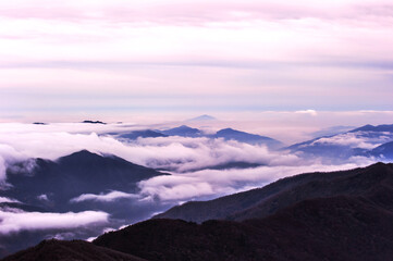 Beautiful sea of clouds at dawn on the top of the mountain.