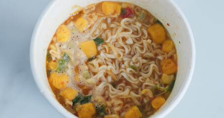A cup of instant noodle from top