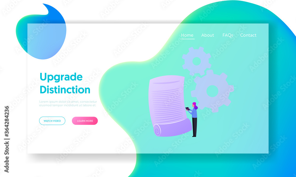 Poster program upgrade, document, working process landing page template. tiny female character with smartph