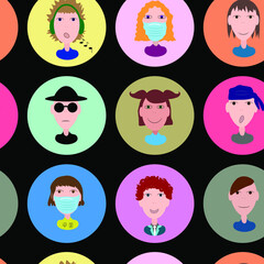 Seamless pattern of avatars for girls and boys. Icons set of boys and girls faces on a dark background