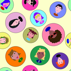 Seamless pattern of avatars for girls and boys. Icons set of boys and girls faces on a dark background