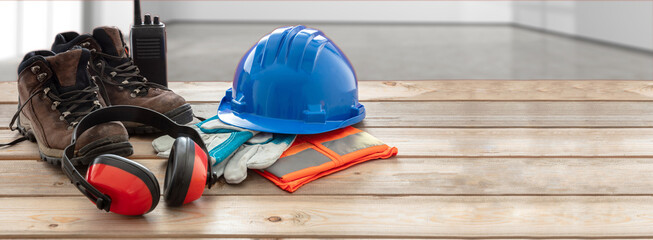 Work safety protection equipment. Industrial protective gear on wooden table, blur site background.