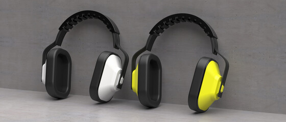 Ear protection defenders on concrete background. 3d illustration