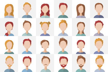 Collection of various human faces illustrations. Bundle of girl and man icons. Vector.