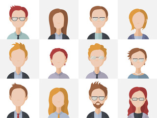 Bundle of business man and lady flat illustrations. Business people faces set of icons. Vector.