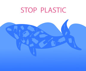 Eco-friendly poster. Protecting the ocean from plastic. A whale is made of plastic. Vector illustration.