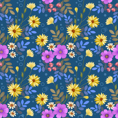 Fototapeta na wymiar Colorful flowers on blue background seamless pattern for fabric textile wallpaper.