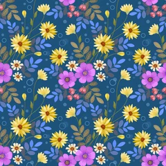 Foto auf Acrylglas Colorful flowers on blue background seamless pattern for fabric textile wallpaper. © teerawat