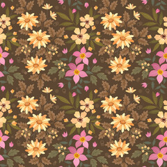 Colorful flowers on brown color background seamless pattern.