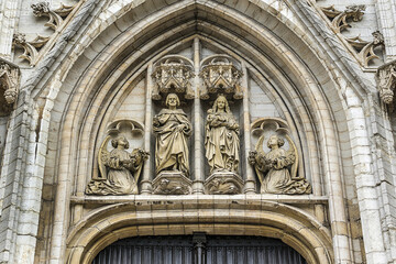 Architectural fragments of Cathedral of St. Michael and St. Gudula (from 11th century) - Roman Catholic Church on the Treurenberg Hill in Brussels, Belgium.