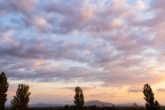 Colorful sky with soft magenta pink orange clouds, few trees in the foreground. Arcangues, France.