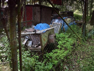 Chomutov, Czech republic - June 29, 2020: blue Trabant car from german democratic republic in garden