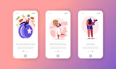 Diet Disruption Mobile App Page Onboard Screen Template. Tiny Girl Carry Huge Burger, Yo-Yo Effect, Sport Workout. Characters Eating Fast Food, No Diet Concept. Cartoon People Vector Illustration