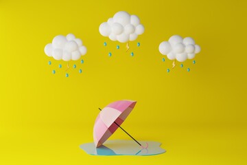 happy monsoon season. cloud, umbrella and rainy on yellow background. 3d rendering illustration.
