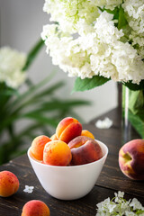 Vase of flowers viburnum opulus Roseum and ripe juicy apricots and peaches