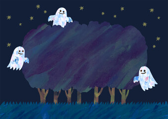 ベクター　夜の森のイラスト　ハロウィンの背景素材