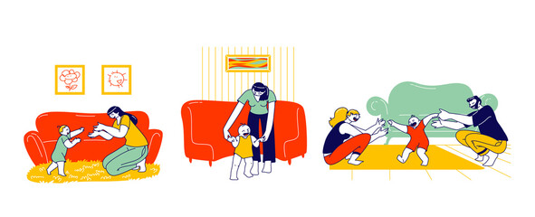Baby First Step Concept. Mother and Father Characters Help to Child Walking. Parents Catching Little Son or Daughter Sitting on Floor. Mom Holding Kids Hands to Walk. Linear People Vector Illustration