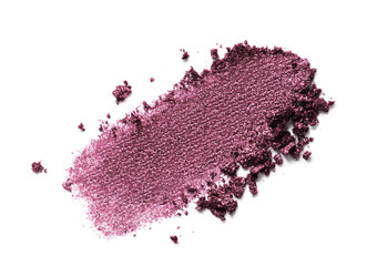 Eyeshadow swatch isolated on white background. Glitter makeup smear smudge. Plum purple color shimmer eye shadow powder texture - obrazy, fototapety, plakaty