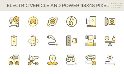 Electric vehicle and power energy vector icon set design, 48x48 pixel perfect and editable stroke.