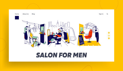 Male Characters at Street Barber Landing Page Template. Beauty Service Stylist Cut Client Hair or Beard in Outdoor Barbershop, People in Gentlemanly Haircutting Salon. Linear Vector Illustration