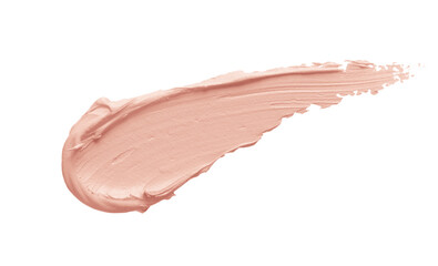Peachy pink color correcting concealer smear smudge swatch isolated on white background. Thick...