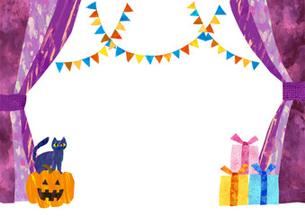 ベクター　紫色のカーテンのイラストフレーム　ハロウィンの背景素材　