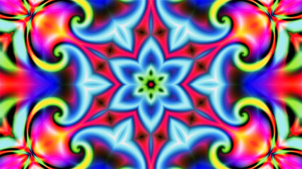 Fototapeta na wymiar Abstract neon background consisting of fractal multi-colored curls and a beautiful flower in the center
