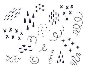 Vector set of different doodles. Doodles on a white background, stars, lines, swirls, shapes, crosses, drops, dashes.