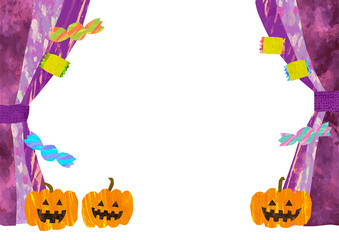 ベクター　紫色のカーテンのイラストフレーム　ハロウィンの背景素材　