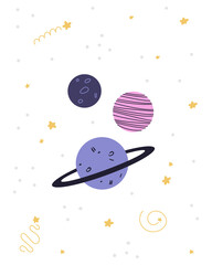 Children's poster on the space theme. Planets and stars in cartoon style. Vector illustration, poster for children's room