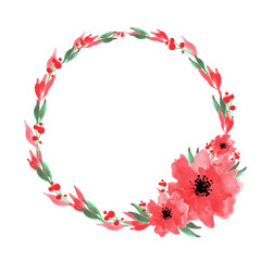 Watercolor wreath. Isolated vector illustration. Floral element. Botanical art. Branch, leaves, flowers.