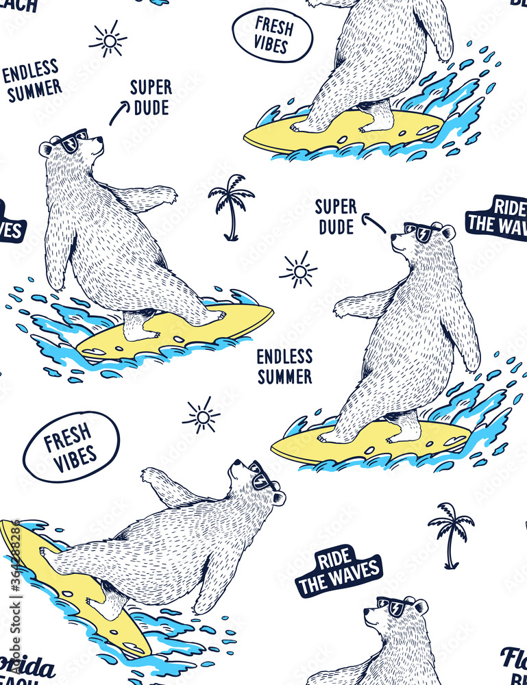 Canvas Prints cool surfer bear with slogan text seamless pattern for t-shirt prints and other uses.