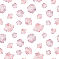 Watercolor sea shell pattern. Pink ocean life background.