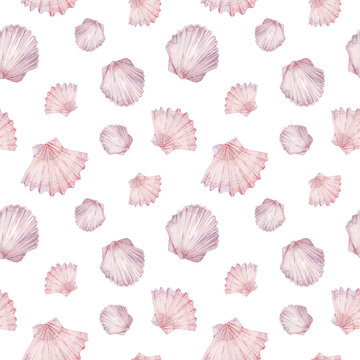 Watercolor Sea Shell Pattern. Pink Ocean Life Background.