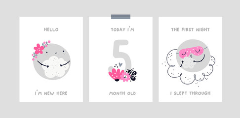 Childish cards or poster with cute baby moon character. Milestone cards. Nursery prints with hand drawn doodle illustration isolated on white. Ideal for kids room decoration, clothing, prints, card