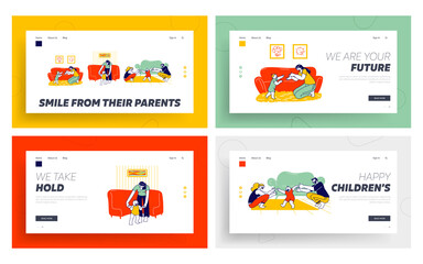 Obraz na płótnie Canvas Baby First Step Landing Page Template Set. Mother and Father Characters Help to Child Walking. Parents Catch Little Kid Sit on Floor. Mom Holding Kids Hands to Walk. Linear People Vector Illustration